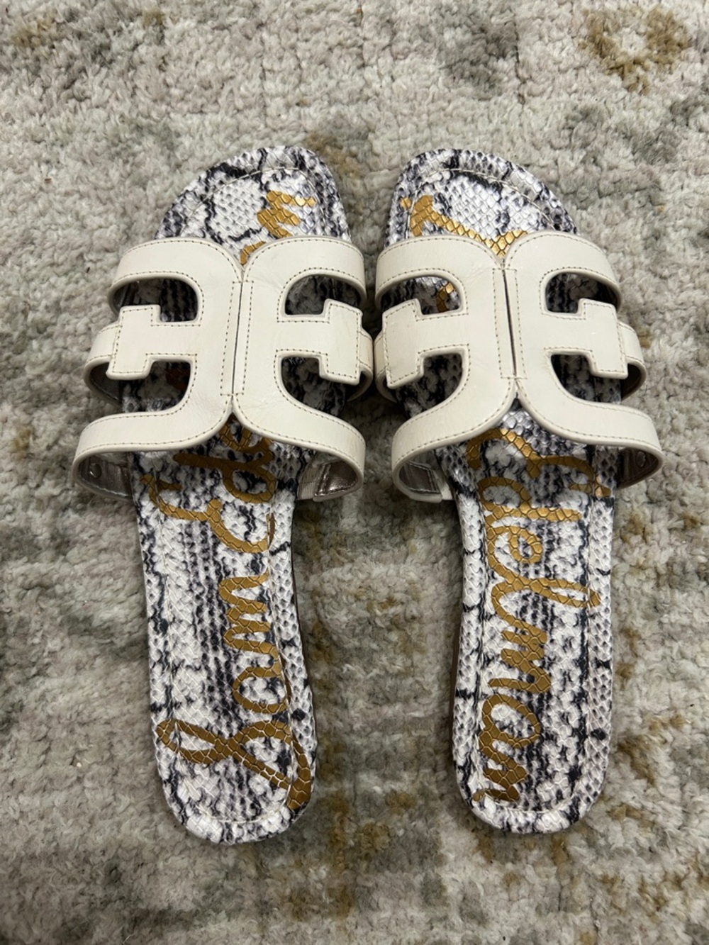 Sam Edelman White Leather Slide Sandals with Snakeskin Footbed